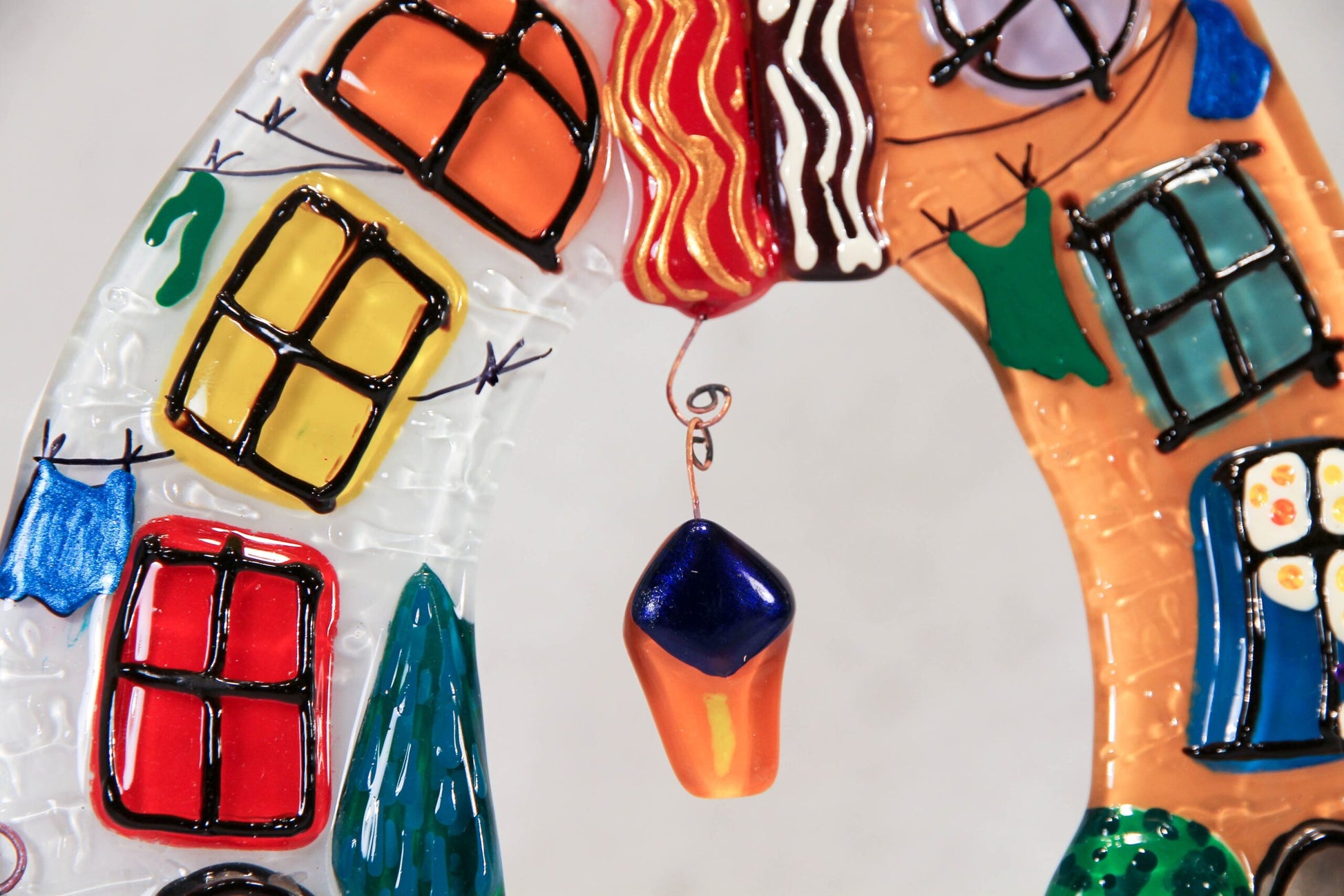 Colorful Houses - A Symbol of Family Unity Radiant with the Lantern of Love Glass Artwork - Hand-Painted Fused-Glass Decor with Vibrant Colors and Intricate Patterns, Orange