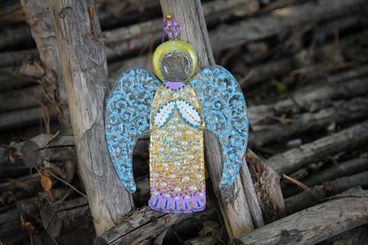 Guardian Angel Glass Wall Art Suncatcher, Gold & Light Blue - Handmade Fused-Glass Decor with Intricate Patterns