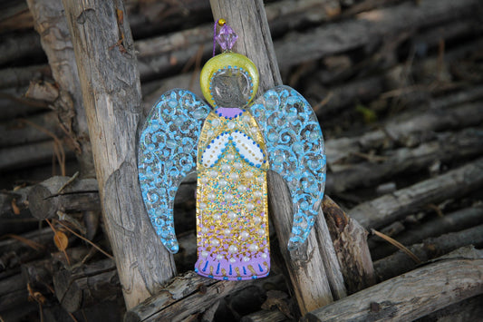 Guardian Angel Glass Wall Art Suncatcher, Gold & Light Blue - Handmade Fused-Glass Decor with Intricate Patterns