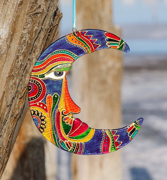 Patterned Moon Big Glass Artwork - Hand-Painted Fused-Glass Decor with Captivating Patterns, 20 cm