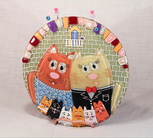 Couple of Cats with Kittens Glass Panel Wall Art - Hand-Painted Fused-Glass Panel, 25 cm