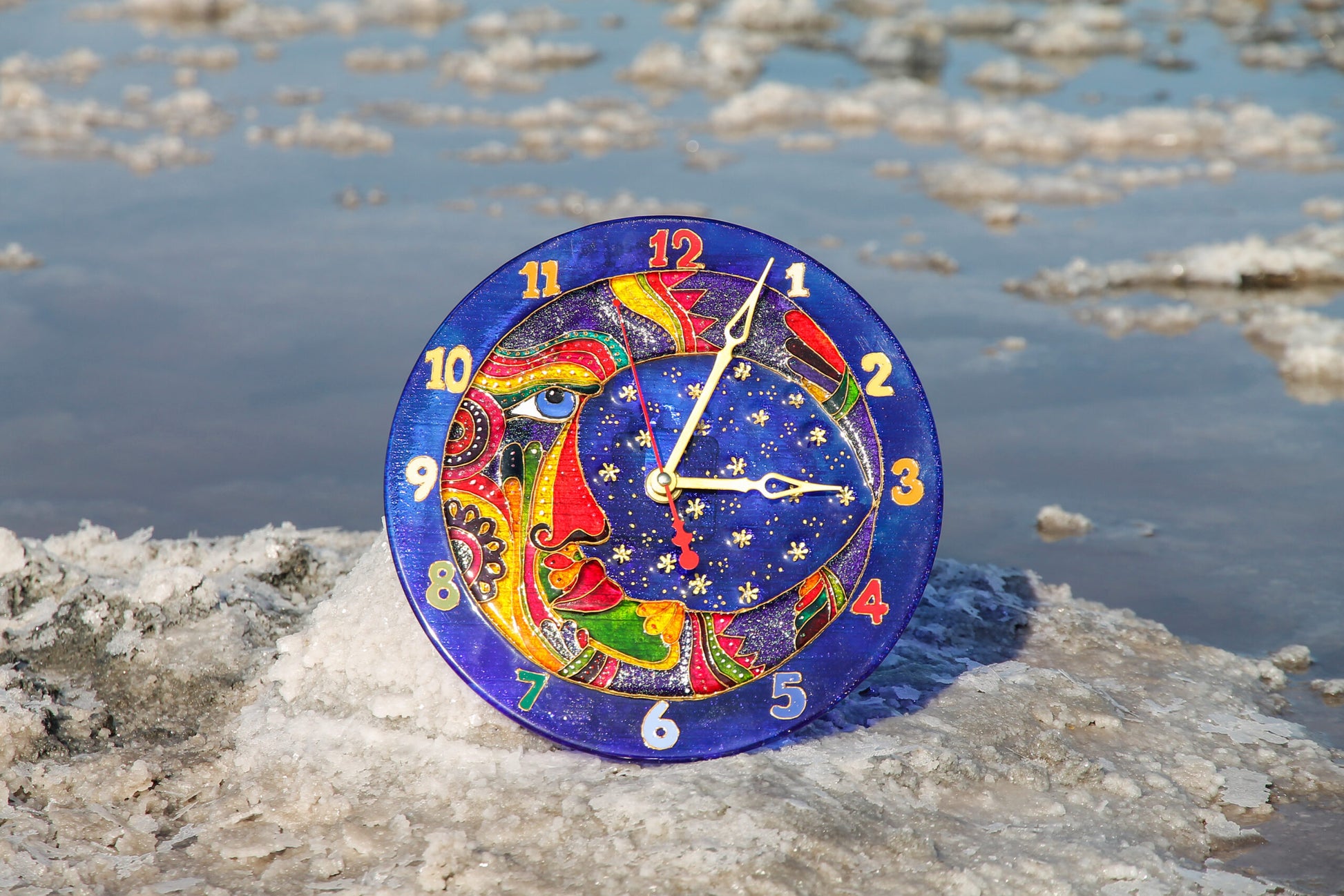 Clock Moon Glass Artwork - Hand-Painted Fused-Glass Clock with Celestial Patterns, 30 cm