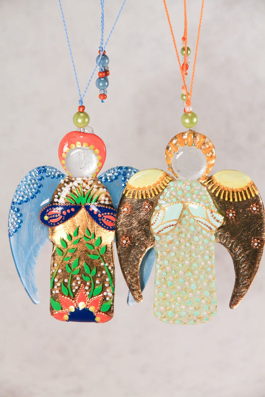 Guardian Angel Glass Wall Art in Gold & Blue - Handmade Fused-Glass Decor with Vibrant Colors and Intricate Patterns