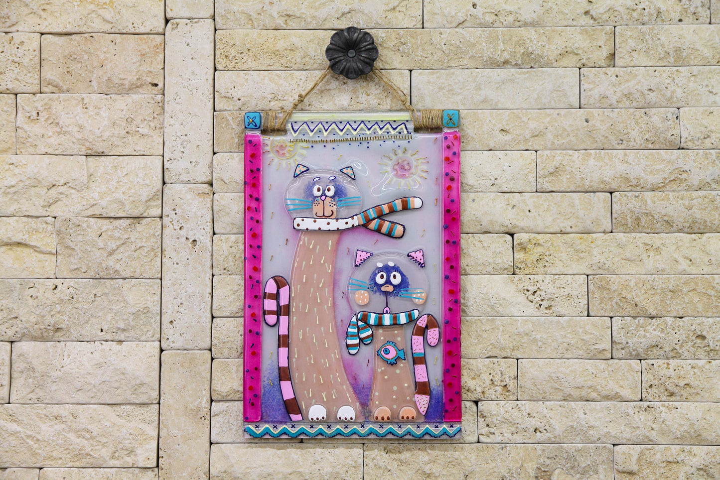 Cats on a Walk Glass Panel Wall Art - Hand-Painted Fused-Glass Panel with Whimsical Feline Friends in Scarves, 40 cm