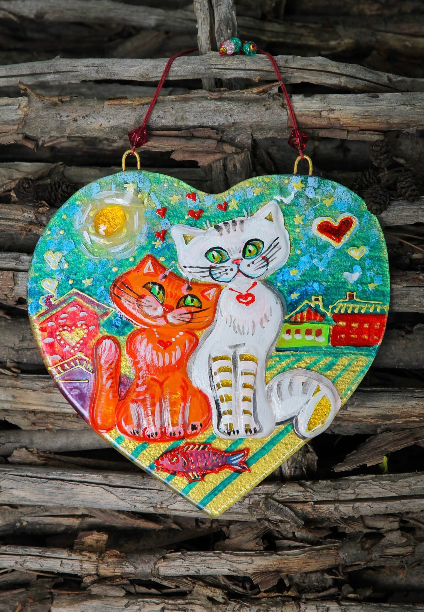 Cats in Love Picnic on Sunny Roof Glass Artwork - Hand-Painted Fused-Glass Decor with Charming Cats, Vibrant Colors, and Whimsical Patterns
