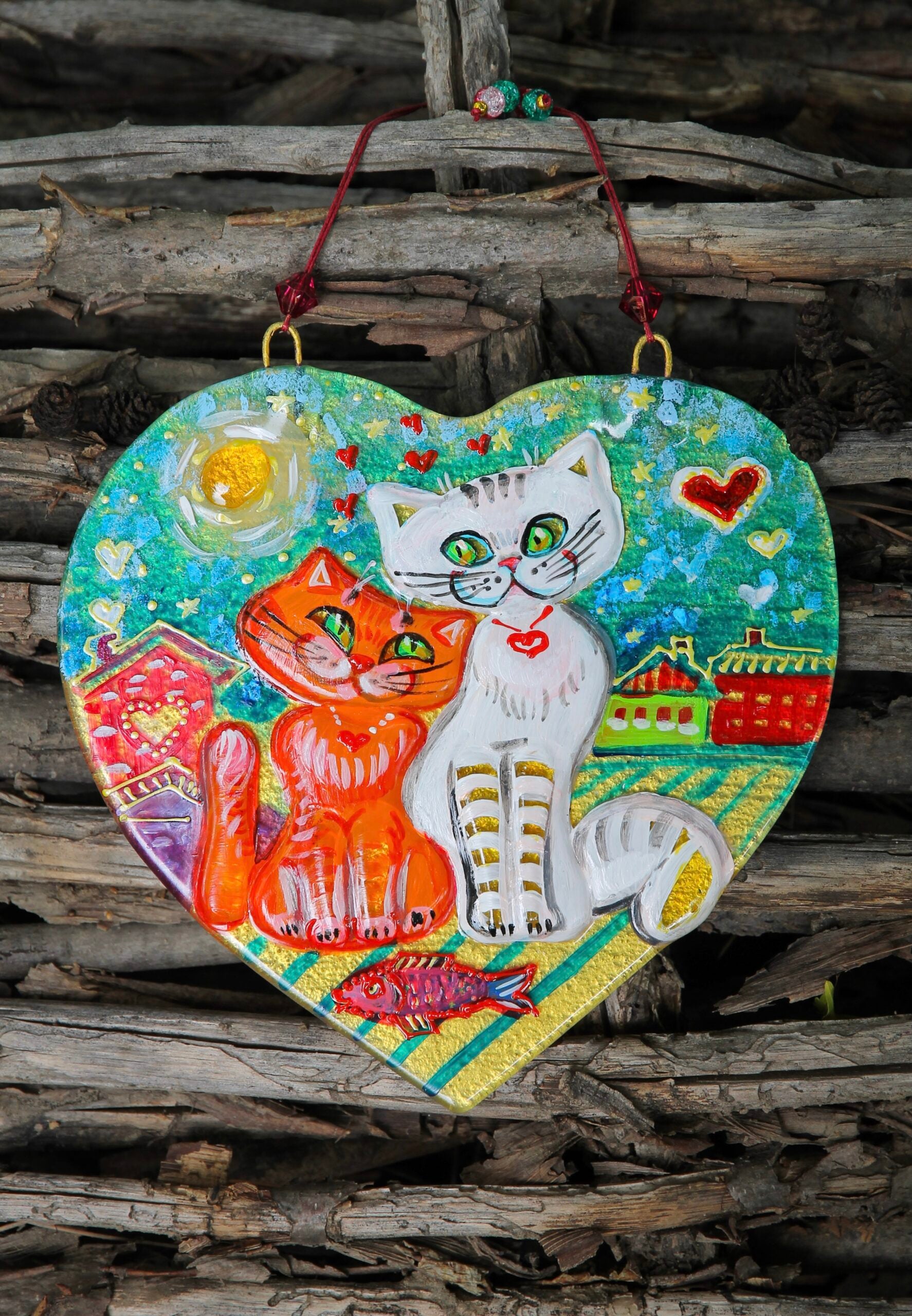 Cats in Love Picnic on Sunny Roof Glass Artwork - Hand-Painted Fused-Glass Decor with Charming Cats, Vibrant Colors, and Whimsical Patterns
