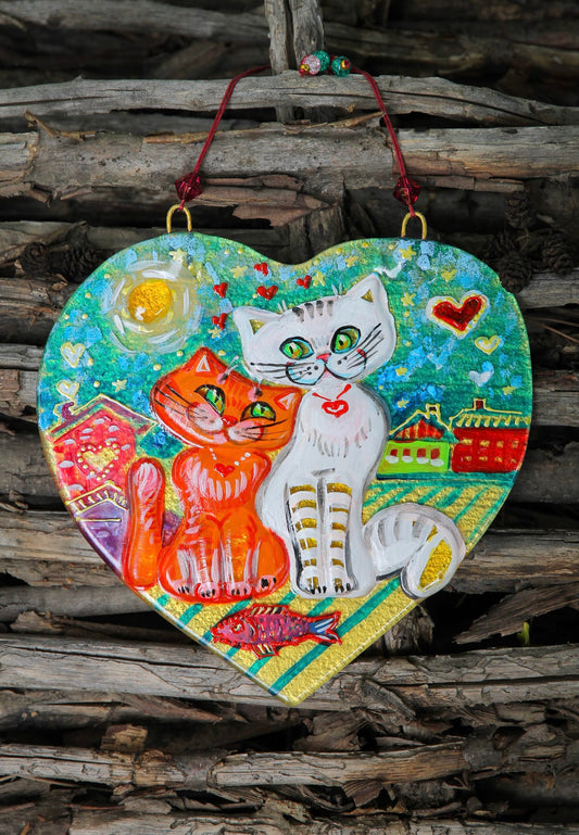 Cats in Love Picnic on Sunny Roof Glass Artwork - Hand-Painted Fused-Glass Decor with Charming Cats, Vibrant Colors, and Whimsical Patterns