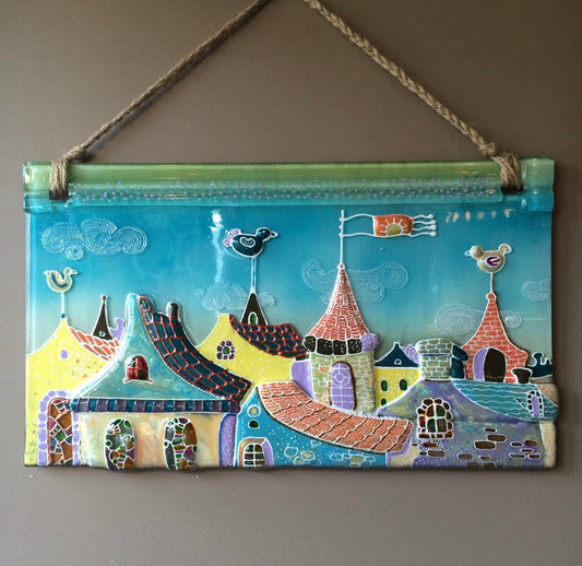 Walk in the Clouds City Roofs Glass Panel Wall Art - Hand-Painted Fused-Glass Panel with Whimsical Weather Vanes, 49 cm