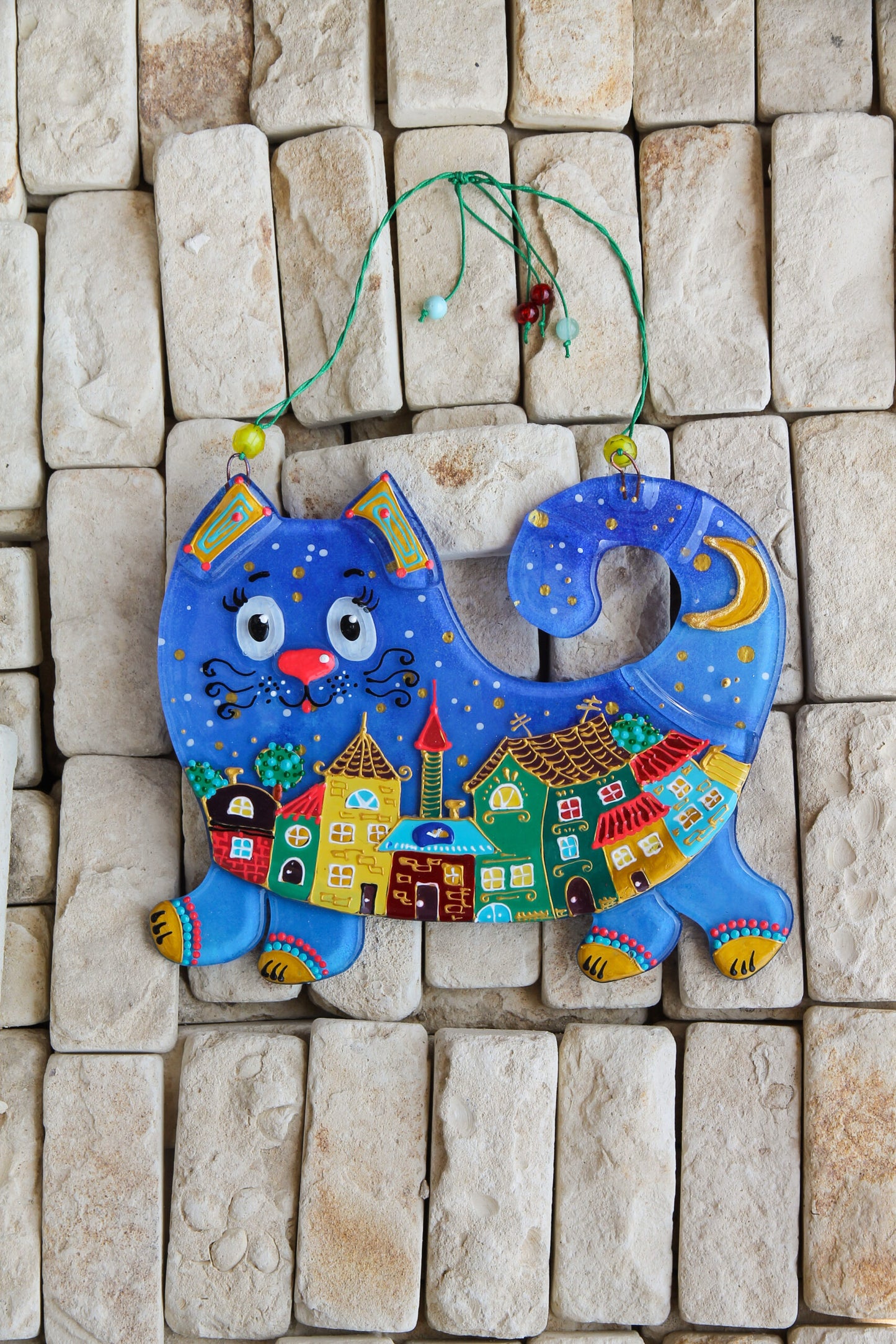 Starry Night Cat Big Glass Artwork - Handcrafted and Hand-Painted Home Decor with Celestial Blue Cat and Golden Constellations | Wholesale