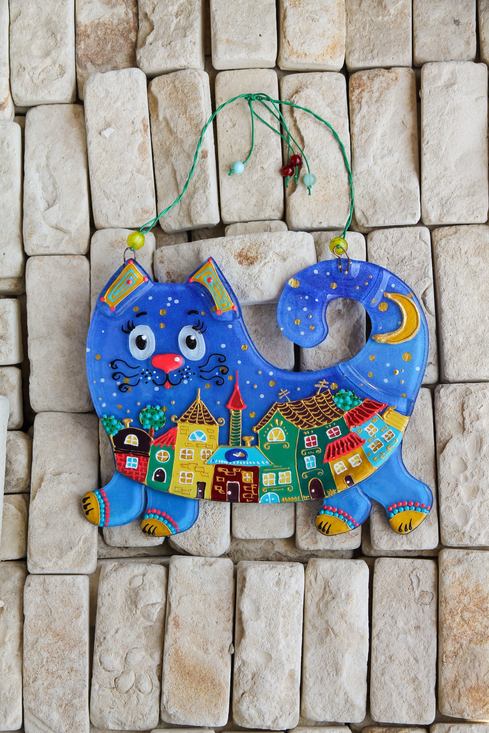 Starry Night Cat Big Glass Artwork - Handcrafted and Hand-Painted Home Decor with Celestial Blue Cat and Golden Constellations | Wholesale