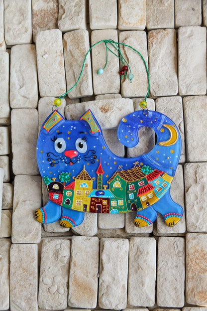 Starry Night Cat Big Glass Artwork - Handcrafted and Hand-Painted Home Decor with Celestial Blue Cat and Golden Constellations | Wholesale