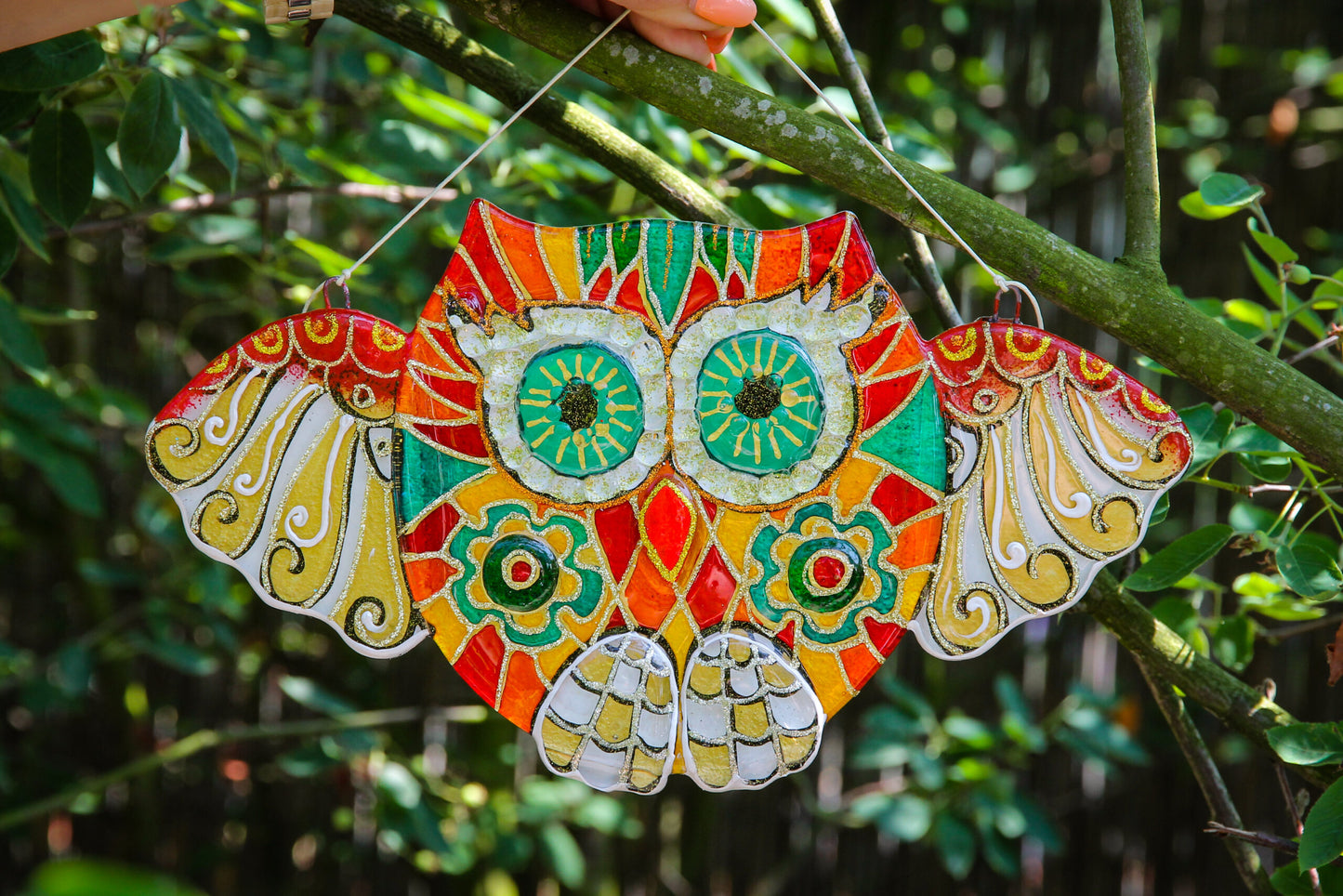 Big Mosaic Owl Talisman Artwork - Handcrafted Charm, Orange, 23 cm