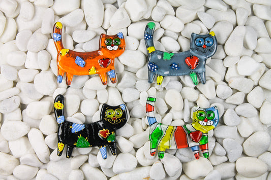 Cat in Patches Tail up Glass Fridge Magnet - Hand-Crafted, Hand-Painted, Personalized Tourist Souvenir, 12 x 10 cm
