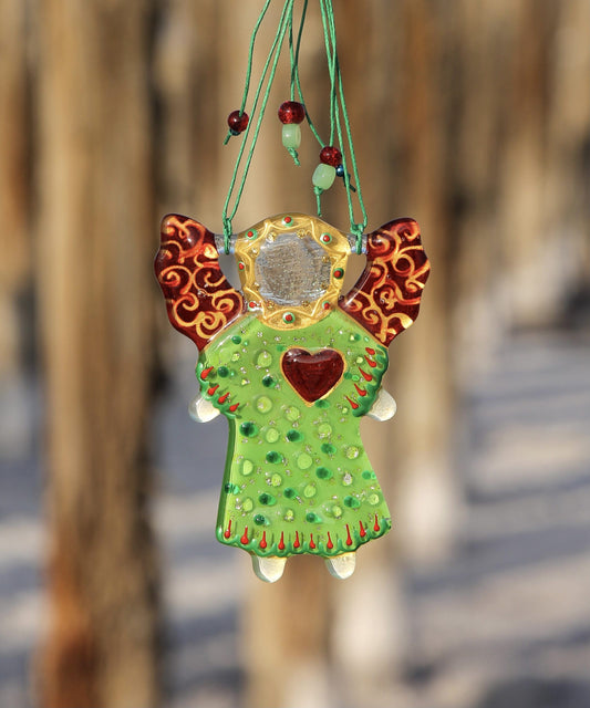 Guardian Angel of Love with Red Heart Glass Wall Art in Green - Handmade Fused-Glass Decor with Intricate Patterns
