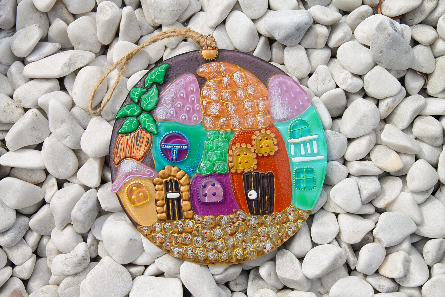 Fairy Tale City Glass Panel Wall Art - Hand-Painted Fused-Glass Panel, 25 cm