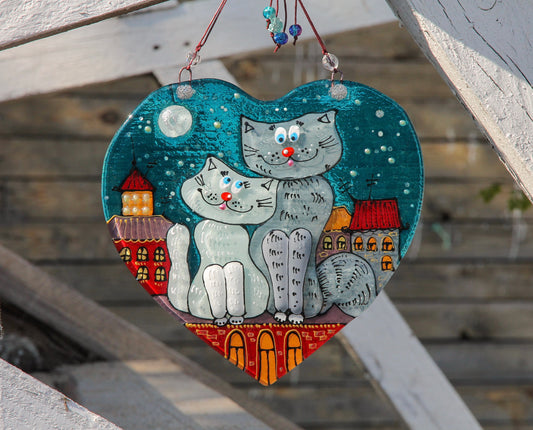 Love-Struck Cats Beneath the Night Sky Glass Artwork - Hand-Painted Fused-Glass Decor with Romantic Cats, Starlit Sky, and Enchanting Patterns
