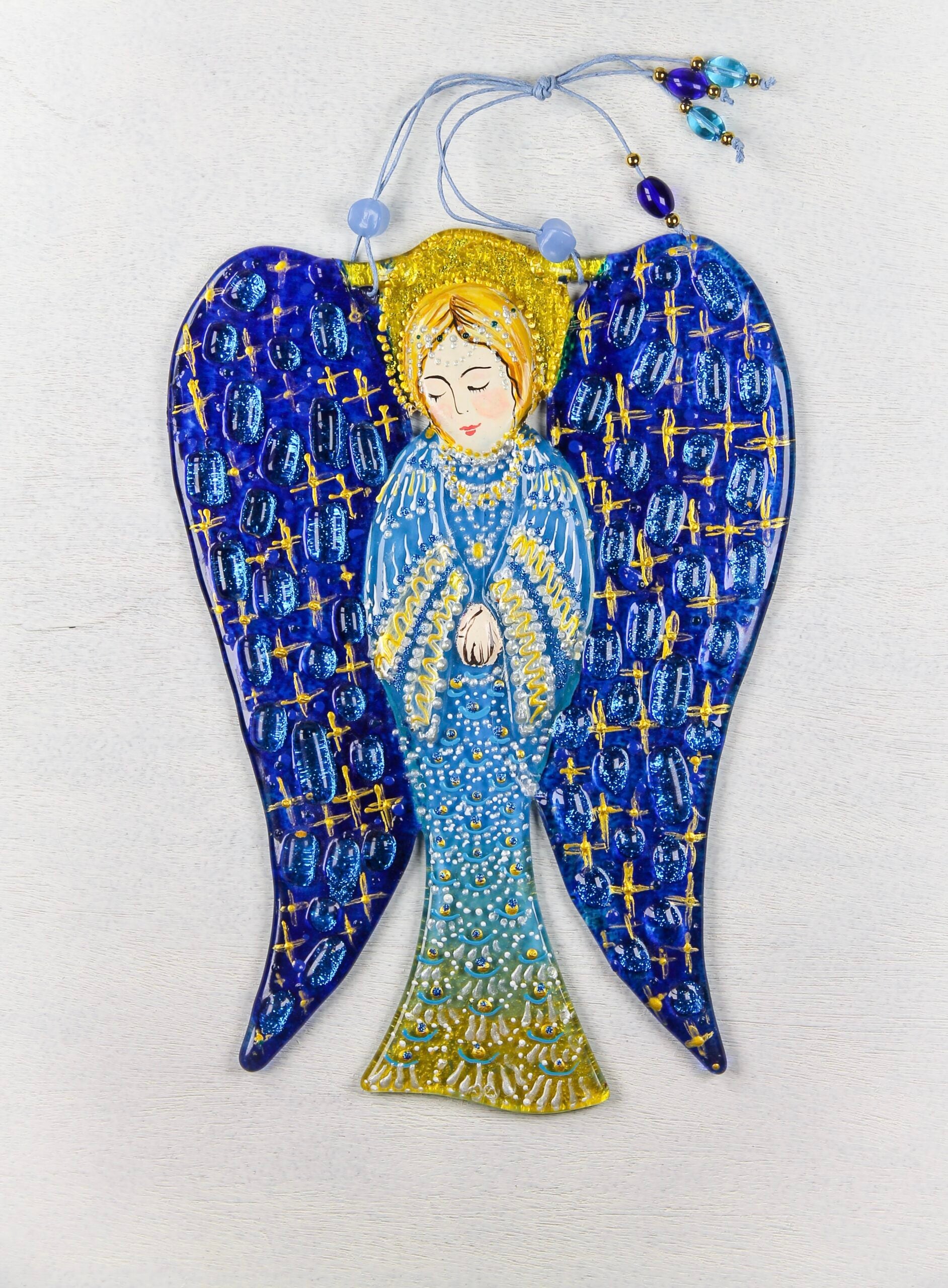 Big Guardian AngelGlass Wall Art in Dark Blue & Gold - Handmade Fused-Glass Decor with Vibrant Colors and Intricate Patterns