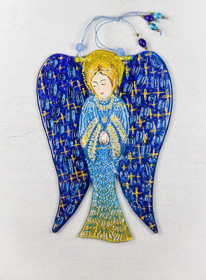 Big Guardian AngelGlass Wall Art in Dark Blue & Gold - Handmade Fused-Glass Decor with Vibrant Colors and Intricate Patterns