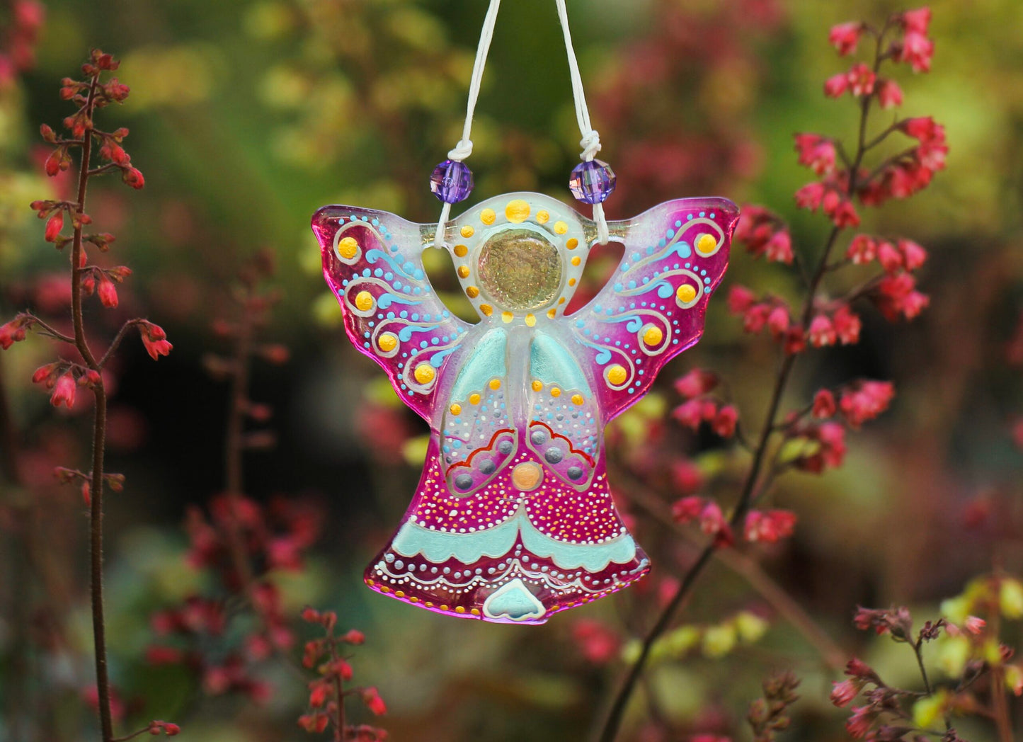 Guardian Angel Glass Wall Art in Purple & Mint - Handmade Fused-Glass Decor with Vibrant Colors and Intricate Patterns