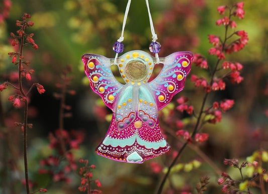 Guardian Angel Glass Wall Art in Purple & Mint - Handmade Fused-Glass Decor with Vibrant Colors and Intricate Patterns