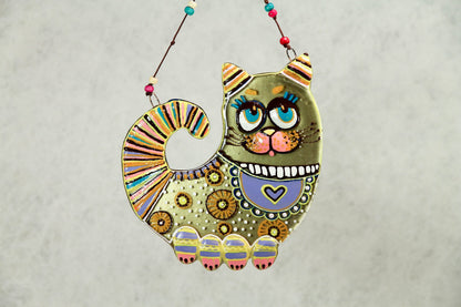 Big Cat with a Heart Glass Artwork - Hand-Painted Decor, 20 cm