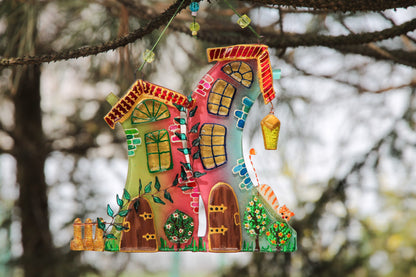 Lovely Houses Symbol of Family Unity Glass Artwork - Hand-Painted Fused-Glass Decor with Vibrant Colors and Intricate Patterns, Pink