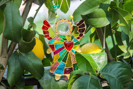 Guardian Angel of Love with Red Heart Glass Wall Art Suncatcher in Multicolored Ray - Handmade Fused-Glass Decor 