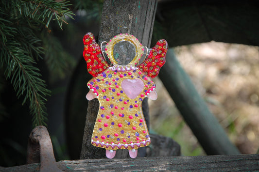 Guardian Angel of Love with Red Heart Glass Wall Art in Gold & Dots - Handmade Fused-Glass Decor with Vibrant Colors and Intricate Patterns