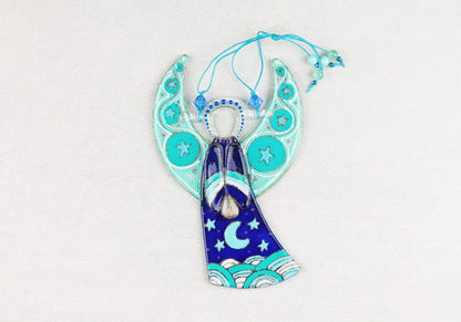 Guardian Angel Glass Wall Art in Blue & Mint - Handmade Fused-Glass Decor with Vibrant Colors and Intricate Patterns