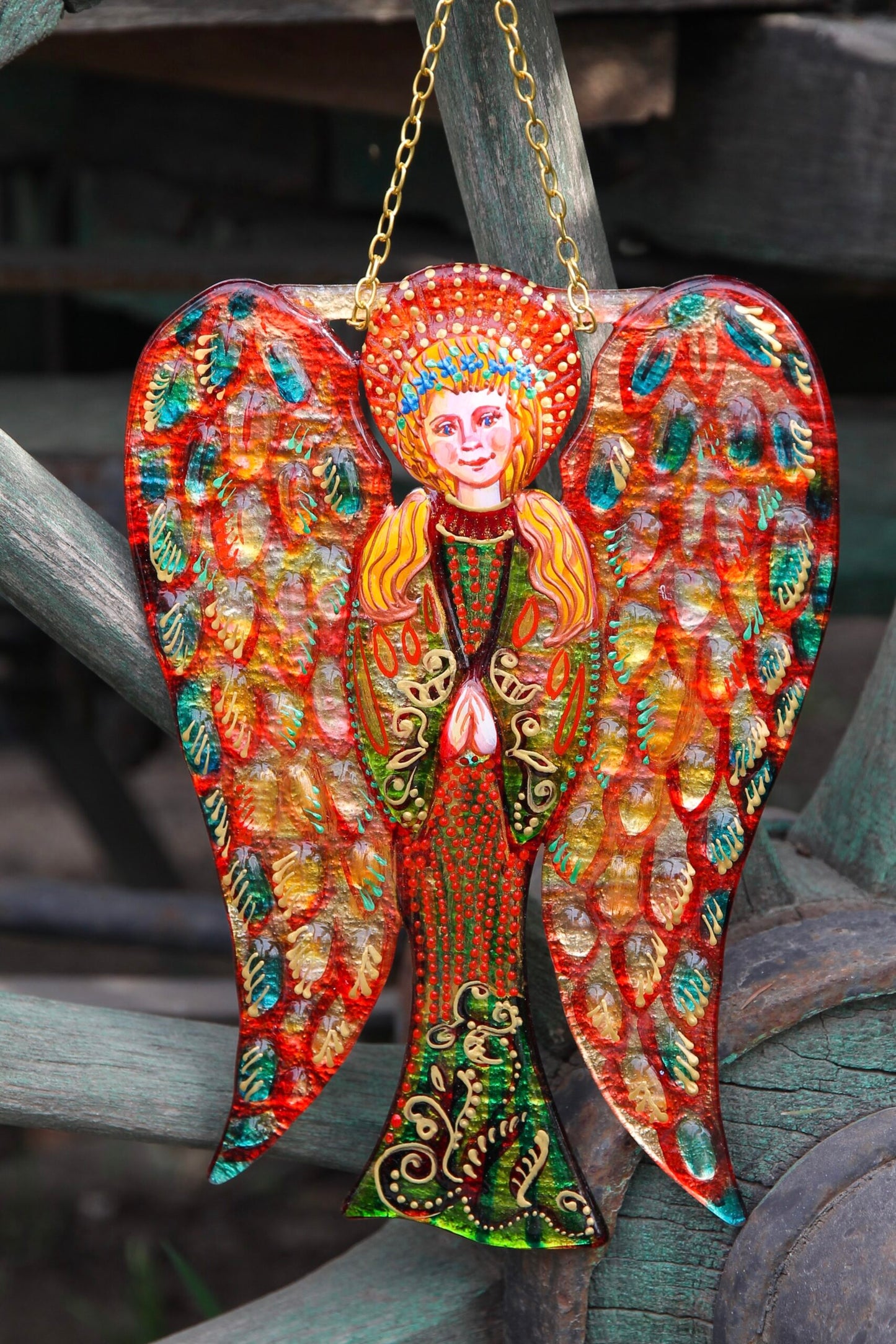Big Guardian AngelGlass Wall Art in Orange & Green - Handmade Fused-Glass Decor with Vibrant Colors and Intricate Patterns