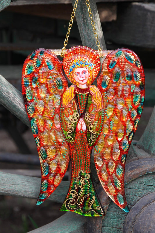 Big Guardian AngelGlass Wall Art in Orange & Green - Handmade Fused-Glass Decor with Vibrant Colors and Intricate Patterns