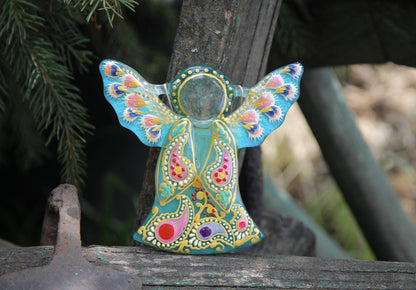 Guardian Angel Glass Wall Art in Mint - Handmade Fused-Glass Decor with Vibrant Colors and Intricate Patterns