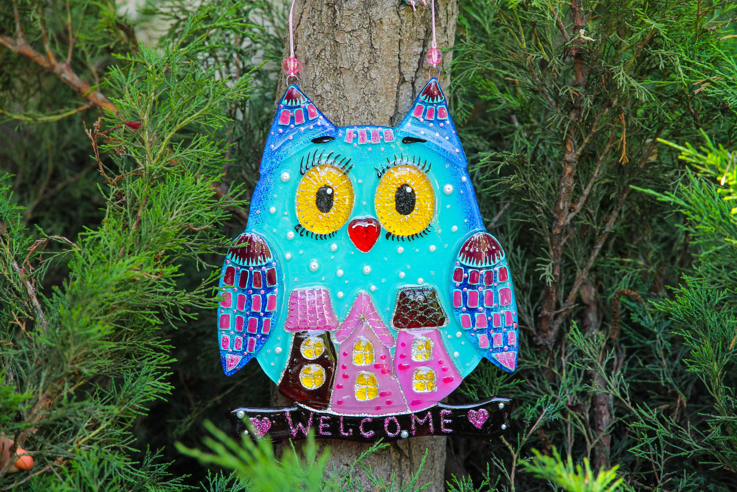 Big Owl Home Talisman Glass Artwork - Hand-Painted Fused-Glass Decor with Wise Owl, Cityscape Design, and Urban Charm