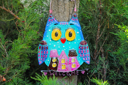 Big Owl Home Talisman Glass Artwork - Hand-Painted Fused-Glass Decor with Wise Owl, Cityscape Design, and Urban Charm