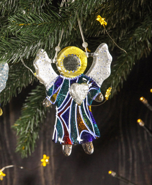 Guardian Angel of Love with Red Heart Glass Wall Art in Blue & Clear - Handmade Fused-Glass Decor with Intricate Patterns