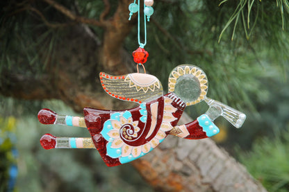 Guardian Angel Glass Wall Art Handmade Suncatcher, Red & Mint, 17 cm