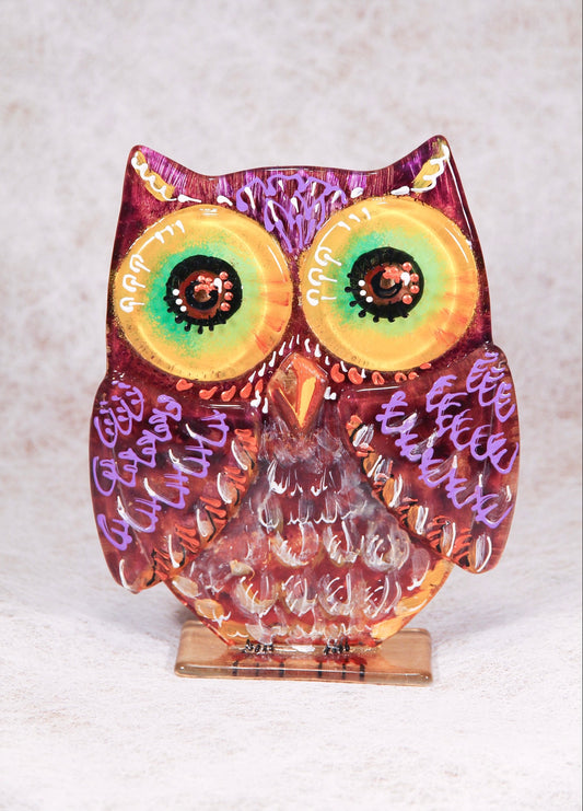 Big Owl Home Talisman on the Stand Glass Artwork - Hand-Painted Fused-Glass Decor with Owl Talisman, 20 cm