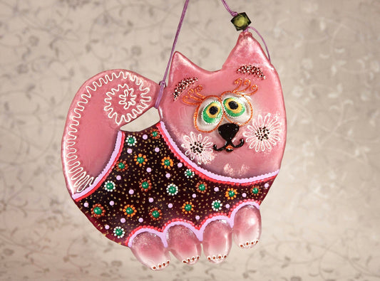 Big Soulful Cat Glass Artwork - Hand-Painted Fused-Glass Decor with Charming Cat, Vibrant Colors, and Captivating Patterns