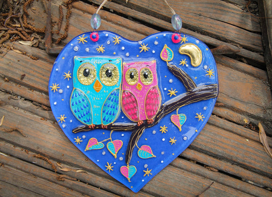 Starry Night Owls in Love Glass Artwork - Hand-Painted Fused-Glass Decor with Charming Owls, Starlit Night, and Celestial Patterns