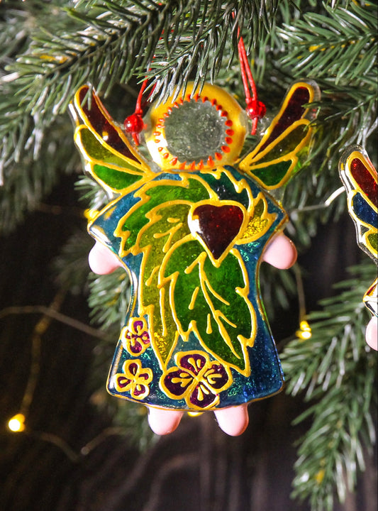 Guardian Angel of Love with Red Heart Glass Wall Art Suncatcher, Mosaic & Leaves - Handmade Fused-Glass Decor with Vibrant Colors and Intricate Patterns