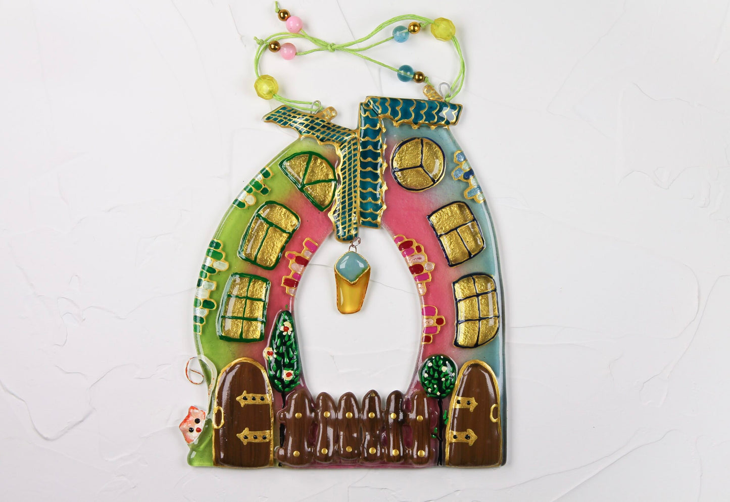 Colorful Houses - A Symbol of Family Unity Radiant with the Lantern of Love Glass Artwork - Hand-Painted Fused-Glass Decor with Vibrant Colors and Intricate Patterns, Green