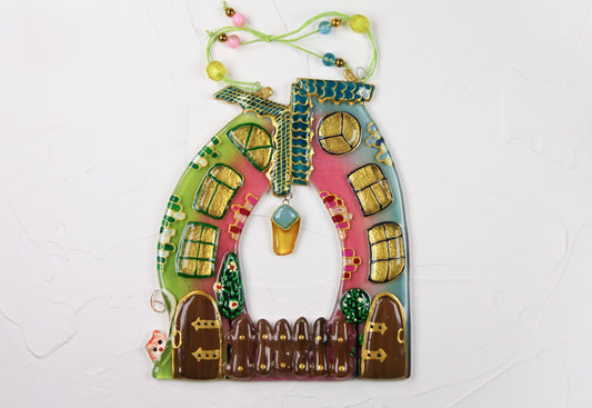 Colorful Houses - A Symbol of Family Unity Radiant with the Lantern of Love Glass Artwork - Hand-Painted Fused-Glass Decor with Vibrant Colors and Intricate Patterns, Green