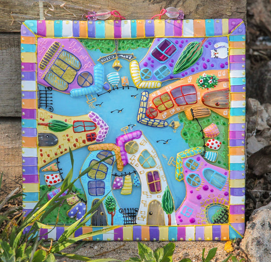 Courtyard Glass Panel Wall Art - Hand-Painted Fused-Glass Panel with Intricate Details and Captivating Patterns, Blue, 23 cm