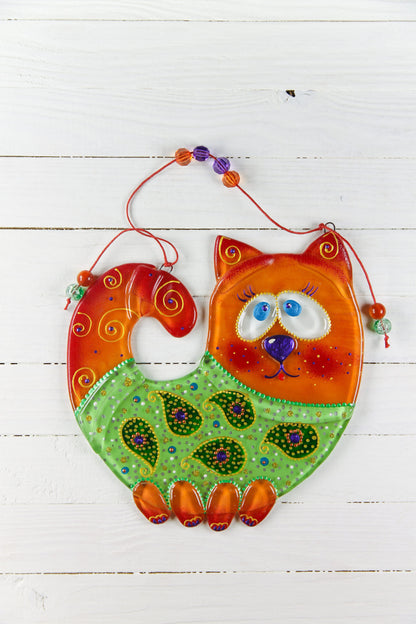 Big Heartwarming Cat Glass Artwork - Hand-Painted Fused-Glass Decor with Charming Cat, Vibrant Colors, and Captivating Patterns