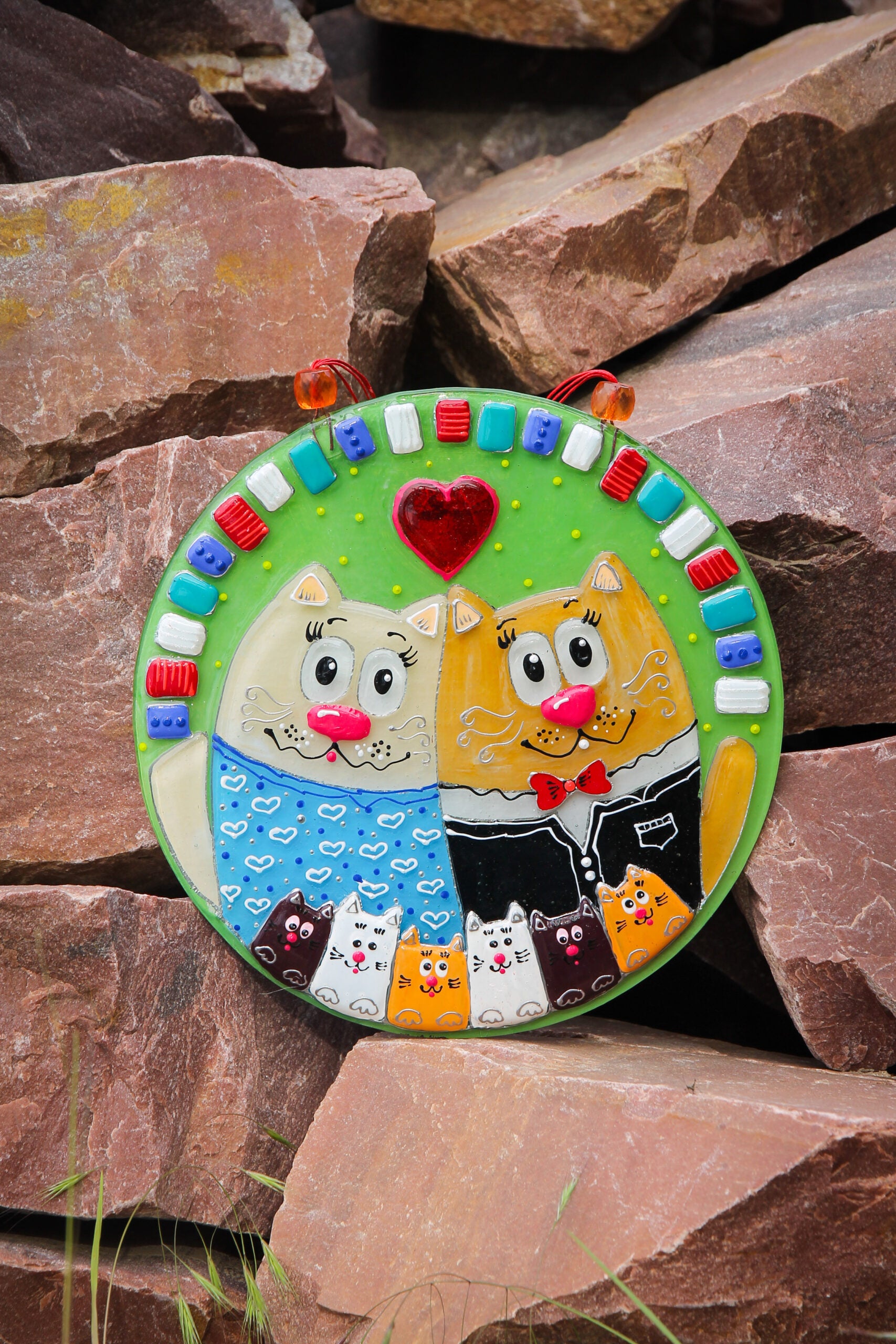 Couple of Cats with Kittens Glass Panel Wall Art - Hand-Painted Fused-Glass Panel, 25 cm
