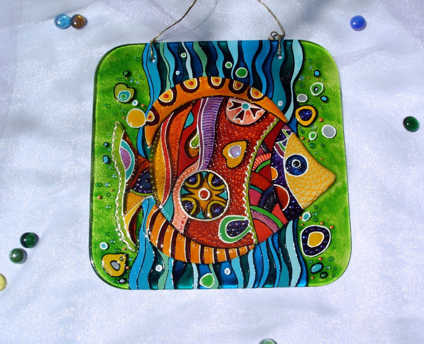 Fish Glass Panel Wall Art - Hand-Painted Fused-Glass Panel with Vibrant Colors and Playful Patterns, Brown, 26 cm