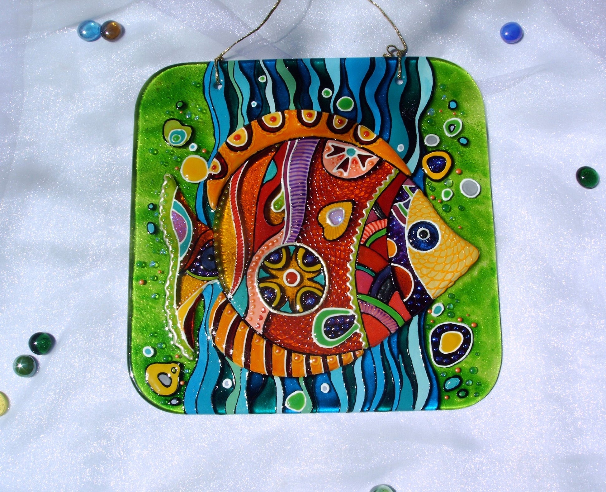 Fish Glass Panel Wall Art - Hand-Painted Fused-Glass Panel with Vibrant Colors and Playful Patterns, Brown, 26 cm