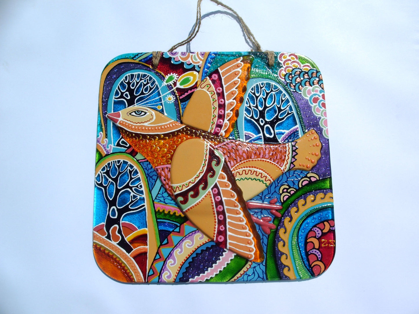 Bird Soul Glass Panel Wall Art - Hand-Painted Fused-Glass Panel with Delicate Details and Captivating Patterns, 26 cm