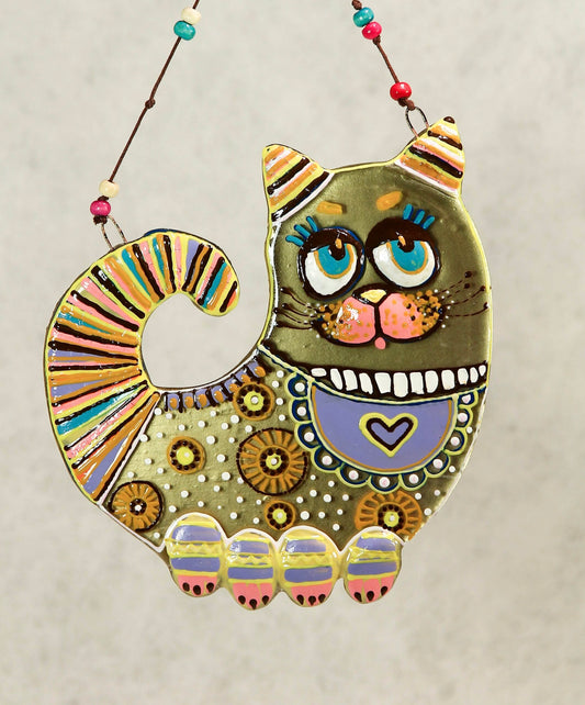 Big Cat with a Heart Glass Artwork - Hand-Painted Fused-Glass Decor with Vibrant Colors, and Captivating Patterns
