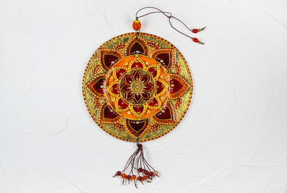 Big Mandala Glass Artwork - Hand-Painted Fused-Glass Decor with Vibrant Colors and Intricate Patterns, Gold